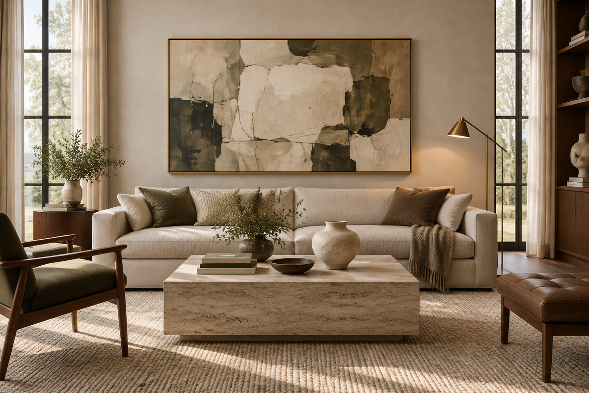 Neutral living room with a large abstract artwork above a linen sofa, a stone coffee table, and warm accent lighting.