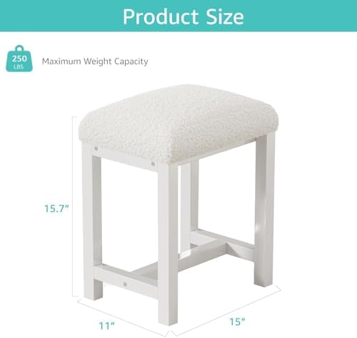 Small Faux Teddy Fur Vanity Stool, Cute Vanity Stools with Cushion, White Makeup Vanity Chair for Small Spaces, Living Room, Bedroom, Bathroom, Entryway, Ottoman Foot Rest for Couch Sillas Modern - Image 2