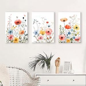 KISSFOX Framed Colorful Wildflower Canvas Wall Art Set Of 3 Flowers Pictures - Image 3