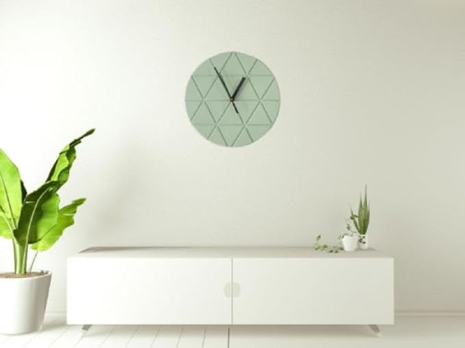 Mint Green Wooden Wall Clock 24cm Round Geometric Triangle Pattern MDF - Image 5