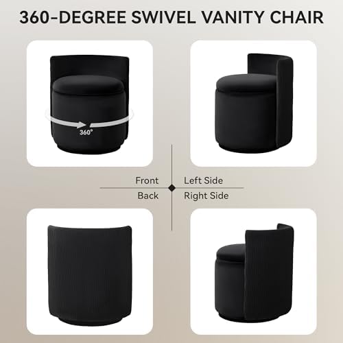 WUTUTUEE Velvet Vanity Chair with Storage, 360° Swivel Makeup Chair with Wave Back, No Assembly Small Accent Stool for Bedroom, Dressing, Living Room, Black - Image 6