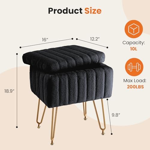 OLIXIS Vanity Stool Chair Faux Fur with Storage, Soft Ottoman 4 Metal Legs - Image 3