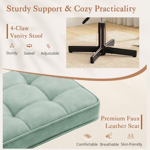 LUE BONA Adjustable Vanity Stool, 15''-19.5'' Foot Rest Under Desk, 360° Swivel Vanity Chair for Makeup Room, Green Upholstered Faux Leather Ottoman for Bathroom & Living Room, 300lbs - Image 4