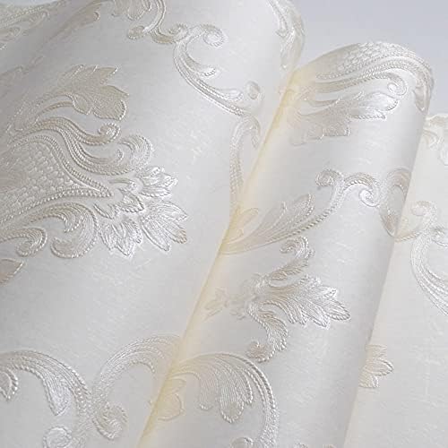 AMINAH DECO Cream White Damask Decorative Textured Floral Wallpaper Non-Woven - Image 5