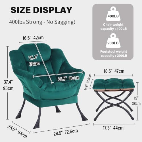 Tiita Lazy Chair with Ottoman, Comfy Reading Accent Chair, Velvet Green - Image 2