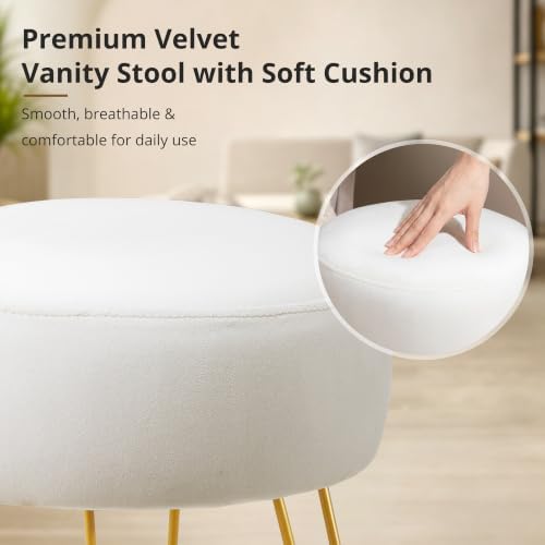 LUE BONA Vanity Stool, White Vanity Stools for Makeup Room, Round Ottoman Foot Stool, Velvet Footrest Vanity Chair for Bathroom Vanity, Bedroom, Living Room, Entryway, Offices - Image 6