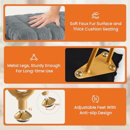 OLIXIS Vanity Stool Chair Faux Fur with Storage, Soft Ottoman 4 Metal Legs with Anti-Slip Feet, Makeup Cute Soft Small Footstool, Modern Style Faux Fur Seat for Makeup, Bedroom Dresser, Ash - Image 5