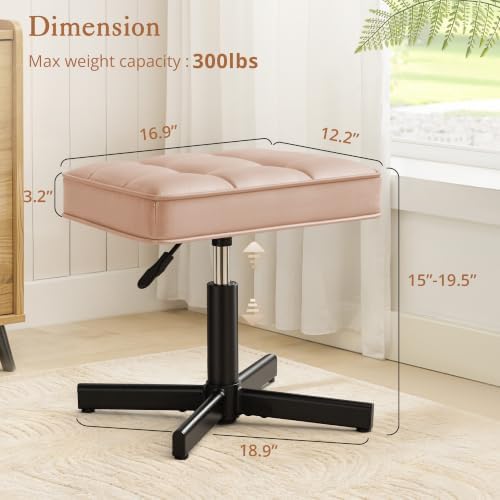 LUE BONA Adjustable Vanity Stool, 15''-19.5'' Foot Rest Under Desk, 360° Swivel Vanity Chair for Makeup Room, Rose Gold Upholstered Faux Leather Ottoman for Bathroom & Living Room, 300lbs - Image 2
