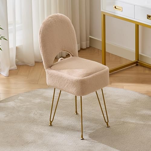 Gitrah Vanity Chair with Storage, Folding Back Faux Fur Vanity Stool, Makeup Ottoman with Gold Legs for Bedroom/Bathroom, Beige - Image 7