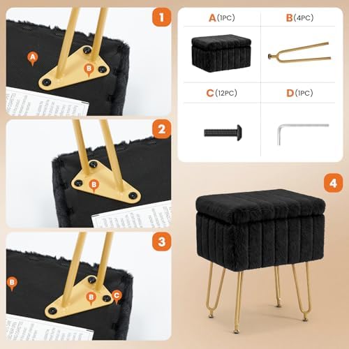 DUMOS Vanity Stool Chair with Storage, Small Ottoman Faux Fur Soft Padded Footstools Seat with 4 Metal Legs Anti-Slip Adjustable Feet Modern Footrest for Home Entryway Bedroom Makeup Black - Image 6