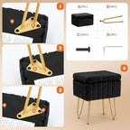 DUMOS Vanity Stool Chair with Storage, Small Ottoman Faux Fur Soft Padded Footstools Seat with 4 Metal Legs Anti-Slip Adjustable Feet Modern Footrest for Home Entryway Bedroom Makeup Black - Image 6