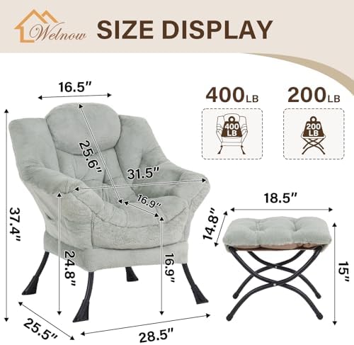 Welnow Lazy Chair with Ottoman, Reading Chair with Footrest, Light Green - Image 3