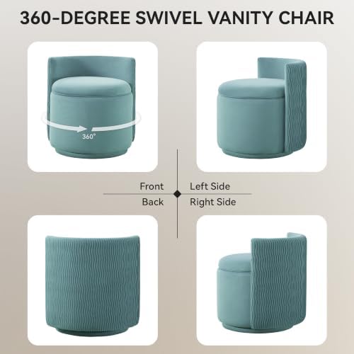Large Velvet Vanity Chair, 360° Swivel Makeup Chair with Storage, Teal - Image 6