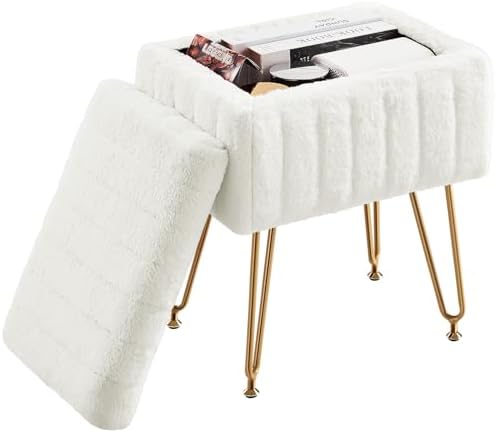 DUMOS Vanity Stool Chair Ottoman with Storage, Makeup Cute Soft Small Footstool Modern Style Faux Fur Seat with 4 Metal Legs & Adjustable Feet for Dressing Living Room Bedroom Dorm by DumosLifestyle