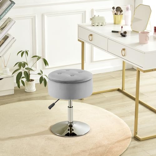 Gitrah Grey Vanity Stool Chair with Storage Swivel Adjustable Makeup Stool - Image 2