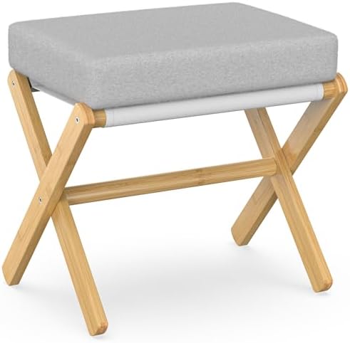 BAMBOOHOMIE Foldable Foot Stool Ottoman, Modern Foot Rest with Bamboo X Legs & Thick Foam Cushion, Folding Foot Stools Small Padded for Bedroom Living Room, Footstool for Chair Couch (Natural - Grey) by BAMBOOHOMIE
