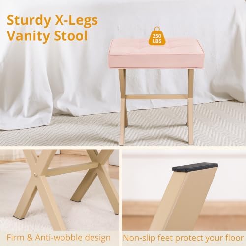 LUE BONA Vanity Stool, Square Linen Makeup Stool with Metal X Legs, Small Ottoman Stool Chair for Vanity, Modern Padded Vanity Seat Foot Rest Stool for Makeup Room, Bathroom, Pink Color - Image 7
