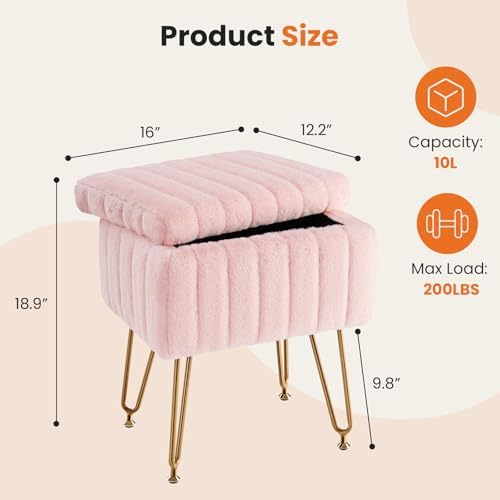 Sweetcrispy Vanity Stool Chair with Storage, 18.9”H x 16”L x 12.2”W Ottoman Chair Faux Fur Soft Padded Makeup Footstools Seat with 4 Metal Legs Anti-Slip Adjustable Feet for Make Up, Pink - Image 3