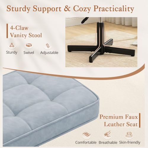 LUE BONA Adjustable Vanity Stool, 15''-19.5'' Foot Rest Under Desk, 360° Swivel Vanity Chair for Makeup Room, Blue Upholstered Faux Leather Ottoman for Bathroom & Living Room, 300lbs - Image 4