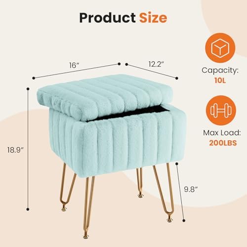 DUMOS Vanity Stool Chair, Ottoman with Storage, Makeup Cute Soft Small Footstool, Modern Style Faux Fur Seat with 4 Metal Legs & Adjustable Feet for Dressing, Living Room, Bedroom, Dorm, Sage - Image 3