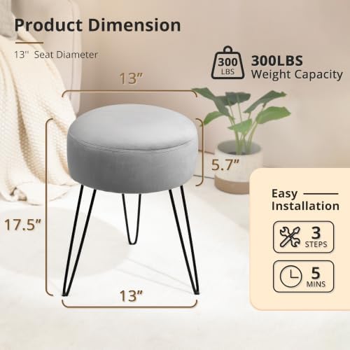 LUE BONA Vanity Stool, Gray Vanity Stools for Makeup Room, Round Ottoman Foot Stool, Velvet Footrest Vanity Chair for Bathroom Vanity, Bedroom, Living Room, Entryway, Offices, 300lbs - Image 3