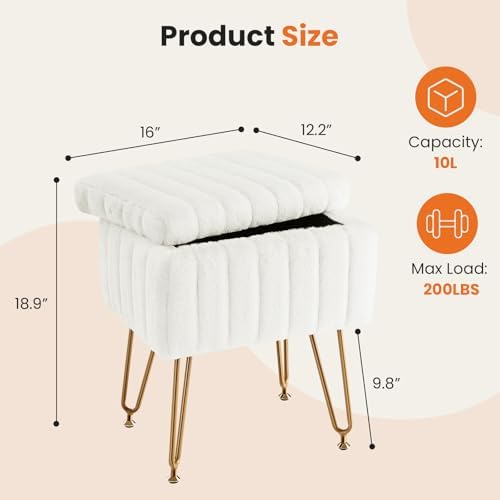 Sweetcrispy Vanity Stool Chair with Storage, Ottoman Faux Fur Soft Padded Makeup Footstools Seat with 4 Metal Legs Anti-Slip Adjustable Feet Modern Cute Small Footrest for Home Entryway Bedroom White - Image 3