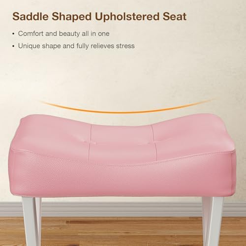 Memobarco 18-Inch Leather Vanity Stool Chair, Pink Saddle Vanity Stool - Image 3