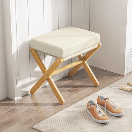 BAMBOOHOMIE Foldable Foot Stool Ottoman, Modern Foot Rest with Bamboo X Legs & Thick Foam Cushion, Folding Foot Stools Small Padded for Bedroom Living Room, Footstool for Chair Couch (Natural - Beige) - Image 2