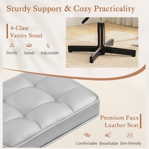 LUE BONA Adjustable Vanity Stool, 15''-19.5'' Foot Rest Under Desk, 360° Swivel Vanity Chair for Makeup Room, Silver Upholstered Faux Leather Ottoman for Bathroom & Living Room, 300lbs - Image 4