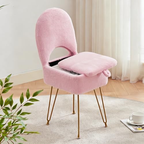 Gitrah Pink Vanity Chair with Storage, Folding Back Faux Fur Vanity Stool, Makeup Ottoman with Gold Legs for Bedroom/Bathroom by Gitrah