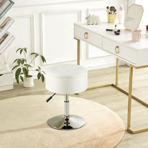 Gitrah White Vanity Stool Chair with Storage Swivel Adjustable Makeup Stool - Image 2