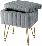 Sweetcrispy Vanity Stool Chair with Storage, 18.9”H x 16”L x 12.2”W Ottoman Chair Faux Fur Soft Padded Makeup Footstools Seat with 4 Metal Legs Anti-Slip Adjustable Feet for Make Up, Grey by Sweetcrispy