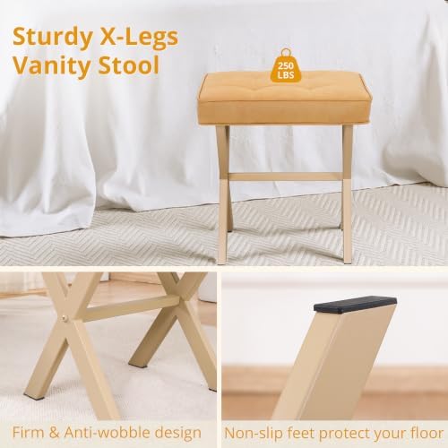 LUE BONA Vanity Stool, Square Linen Makeup Stool with Metal X Legs, Small Ottoman Stool Chair for Vanity, Modern Padded Vanity Seat Foot Rest Stool for Makeup Room, Bathroom, Honey Brown Color - Image 7