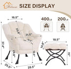 Welnow Lazy Chair with Ottoman, Reading Chair with Footrest, Cream - Image 3