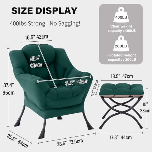 Tiita Lazy Chair, Green Modern Large Accent Armchair, Comfy Leisure Sofa Reading Chair for Bedroom, Living Room, Dorm Rooms, Garden and Courtyard, Green - Image 2