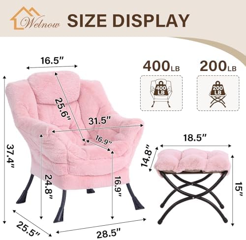 Welnow Lazy Chair with Ottoman, Reading Chair with Footrest, Soft Pink - Image 3