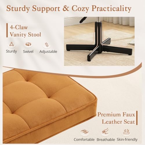 LUE BONA Adjustable Vanity Stool, 15''-19.5'' Foot Rest Under Desk, 360° Swivel Vanity Chair for Makeup Room, Ginger Yellow Upholstered Suede Ottoman for Bathroom & Living Room, 300lbs - Image 4