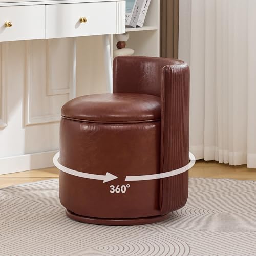 WUTUTUEE Faux Leather Vanity Chair with Storage, 360° Swivel Makeup Chair with Pleated Back, No Assembly Small PU Accent Stool for Bedroom, Dressing Room, Living Room, Brown by WUTUTUEE