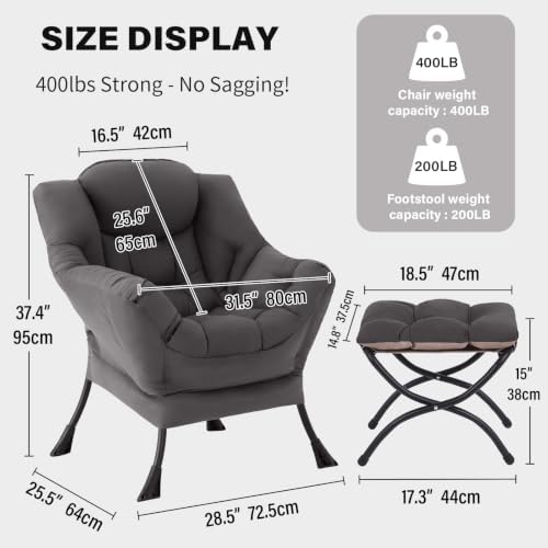 Tiita Lazy Chair for Adults, Comfy Reading Accent Chair, Dark Grey Single - Image 3
