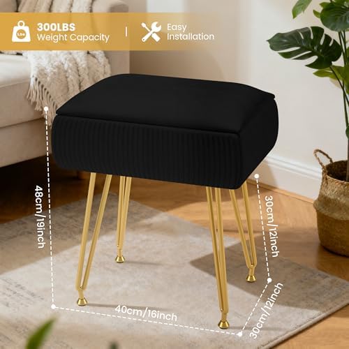 Marching Pin Vanity Stool Chair with Storage, White Faux Velvet Ottoman Chair for Bedroom, Makeup Stool with Soft Padded Seat & 4 Sturdy Metal Legs, 284LBS Capacity, 15.7" L x 11.8" W x 19.6" H - Image 3