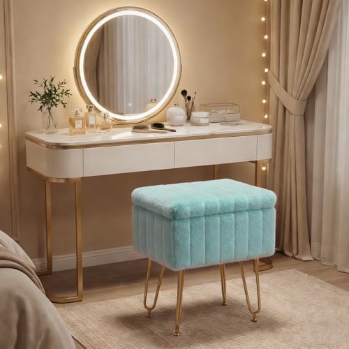 OLIXIS Vanity Stool Chair Faux Fur with Storage, Soft Ottoman 4 Metal Legs with Anti-Slip Feet, Makeup Cute Soft Small Footstool, Modern Style Faux Fur Seat for Makeup, Bedroom Dresser, Mint Green - Image 5