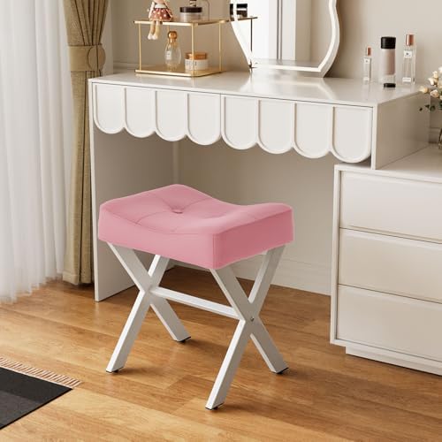 Memobarco 18-Inch Leather Vanity Stool Chair, Pink Saddle Vanity Stool - Image 5
