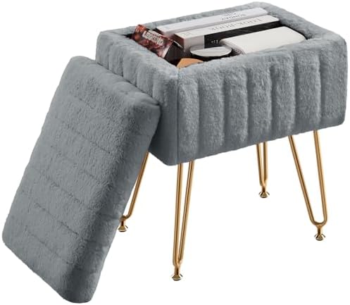 Sweetcrispy Vanity Stool Chair with Storage, 18.9”H x 16”L x 12.2”W Ottoman Chair Faux Fur Soft Padded Makeup Footstools Seat with 4 Metal Legs Anti-Slip Adjustable Feet for Make Up, Grey - Image 4