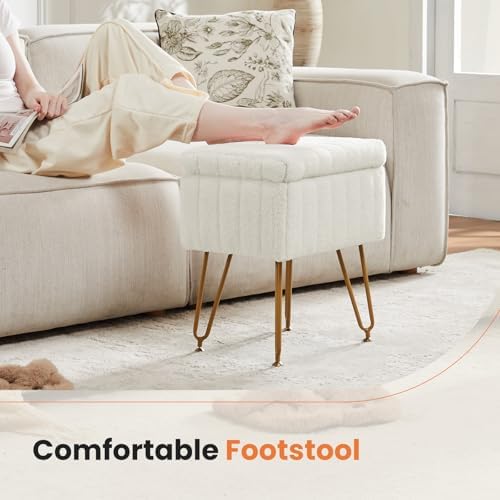 Sweetcrispy Vanity Stool Chair with Storage, Ottoman Faux Fur Soft Padded Makeup Footstools Seat with 4 Metal Legs Anti-Slip Adjustable Feet Modern Cute Small Footrest for Home Entryway Bedroom White - Image 6
