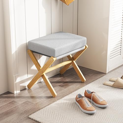 BAMBOOHOMIE Foldable Foot Stool Ottoman, Modern Foot Rest with Bamboo X Legs & Thick Foam Cushion, Folding Foot Stools Small Padded for Bedroom Living Room, Footstool for Chair Couch (Natural - Grey) - Image 2