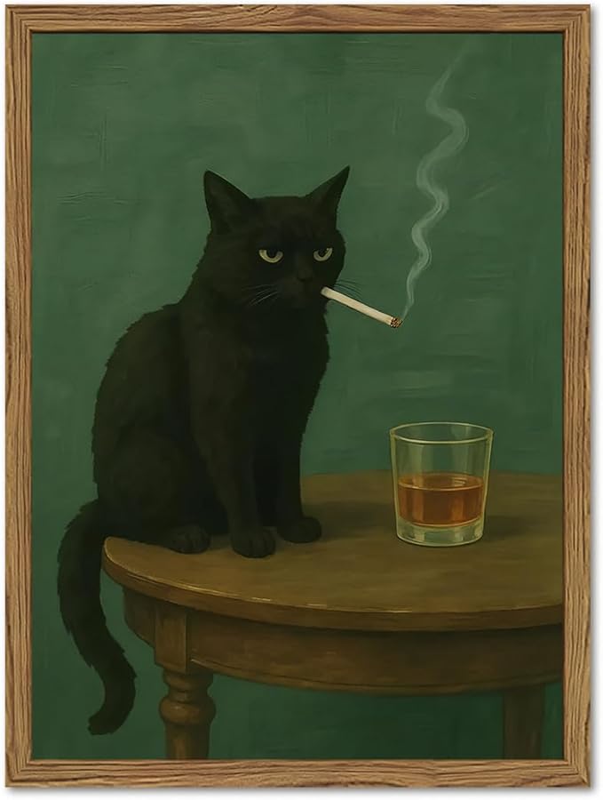 Moody Black Cat Wall Art, Funny Smoking Cat by WARTHZwallart