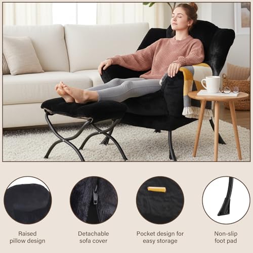 Welnow Lazy Chair with Ottoman, Reading Chair with Footrest, Jet Black - Image 4