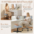 LUE BONA Adjustable Vanity Stool, 15''-19.5'' Foot Rest Under Desk, 360° Swivel Vanity Chair for Makeup Room, Blue Upholstered Faux Leather Ottoman for Bathroom & Living Room, 300lbs - Image 3