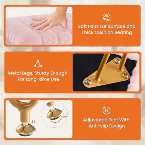 OLIXIS Vanity Stool Chair Faux Fur with Storage, Soft Ottoman 4 Metal Legs with Anti-Slip Feet, Makeup Cute Soft Small Footstool, Modern Style Faux Fur Seat for Makeup, Bedroom Dresser, Blush - Image 4