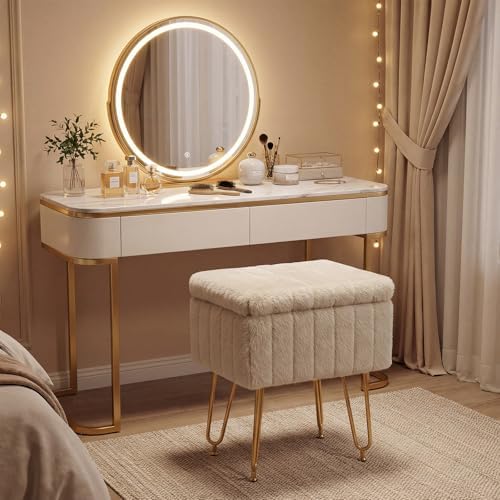 OLIXIS Vanity Stool Chair Faux Fur with Storage, Soft Ottoman 4 Metal Legs - Image 5